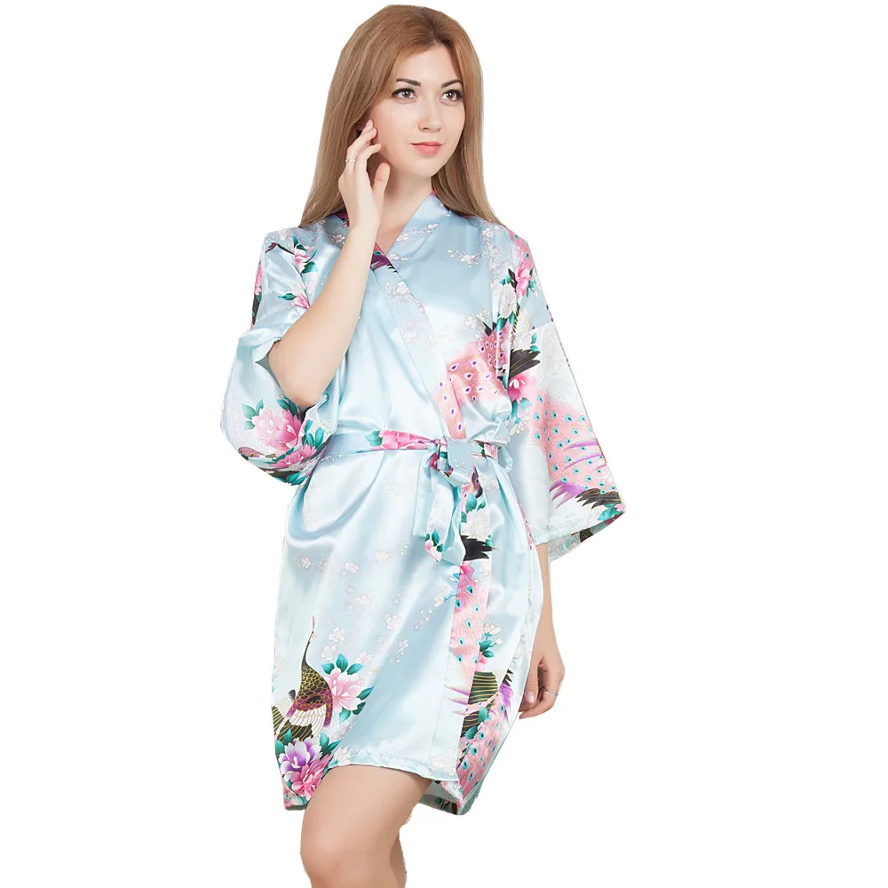 sky blue Женская атласная короткая ночная рубашка, кимоно, халат, новинка, серый халат, Цветочная Пижама, свадебное, для невесты, подружки невесты, сексуальное платье, платье, один размер - Цвет: sky blue