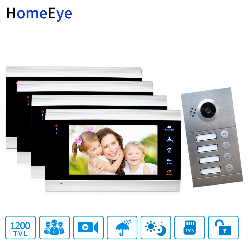 Видеодомофон HomeEye 7 дюймов многоквартирная система контроля доступа для 4