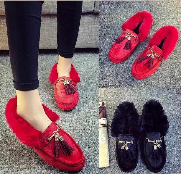 Зима замши и бархата дуг обувь женская хлопок кисточкой толстым дном плоским