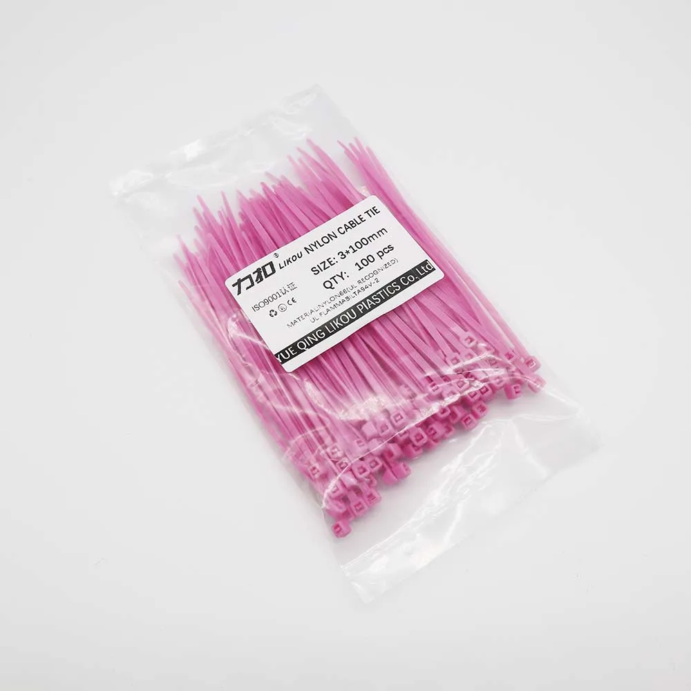 pink Нейлоновые кабельные стяжки LIKOU 3x100 мм самоблокирующиеся застежки-молнии 100 шт 12 цветов пластиковый соединитель кабеля 100 мм 3,9 дюйма - Цвет: pink
