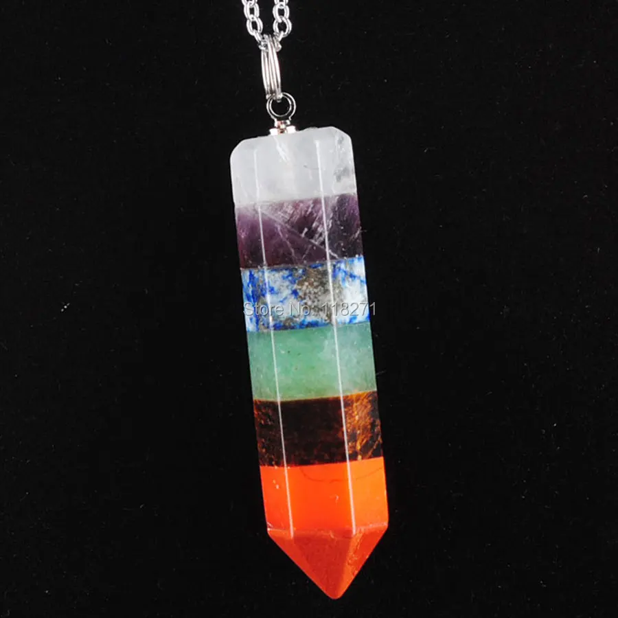 

WOJIAER 7 Chakra Pendulum Pendant Necklace Layered Rainbow Natural Stone Healing Dowsing Reiki (With Chain) 1Pcs N3451