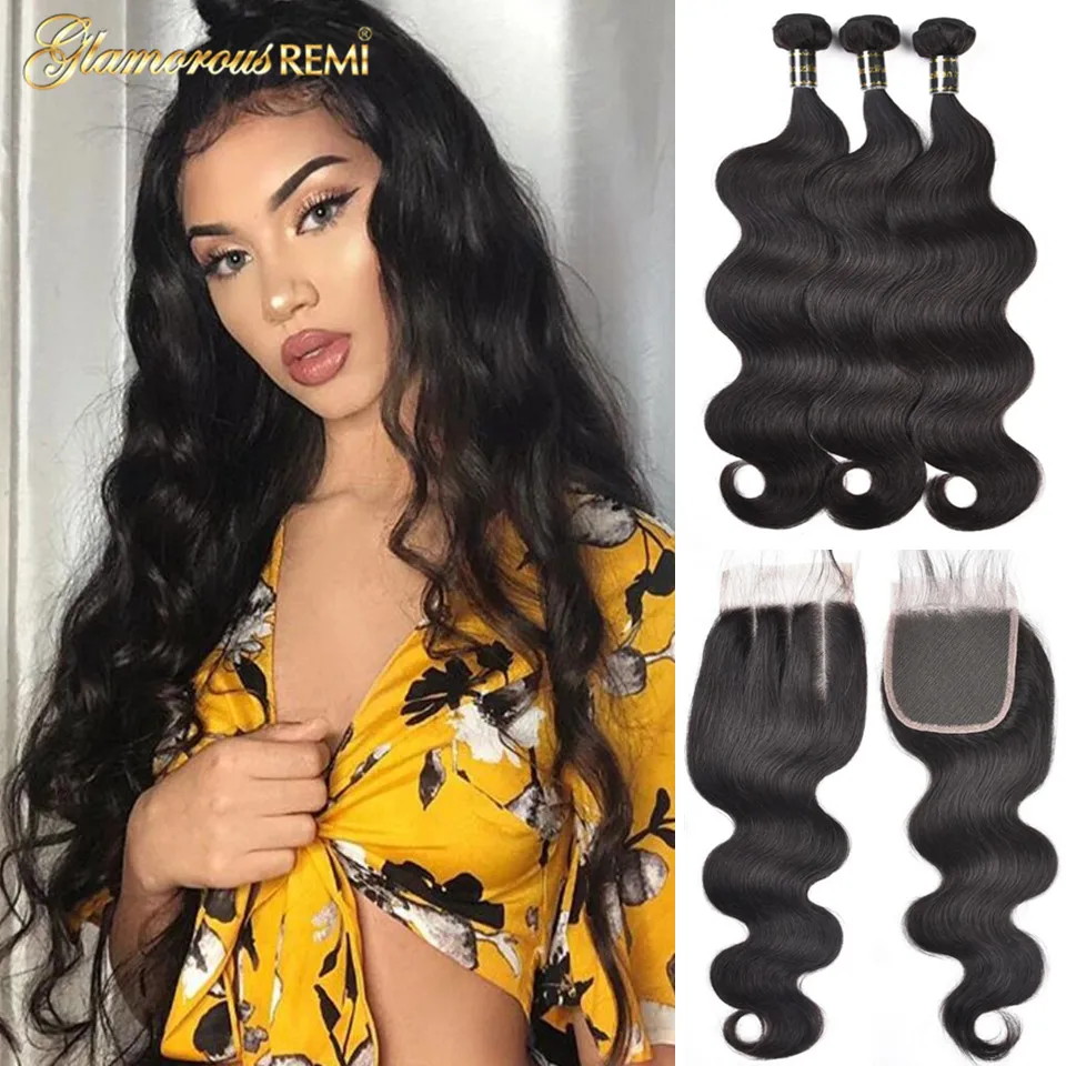 Brazilian Body Wave 4 Bundles with Lace Closures Hair Weaves 100% Human Remy Closure Extension Natural Color |