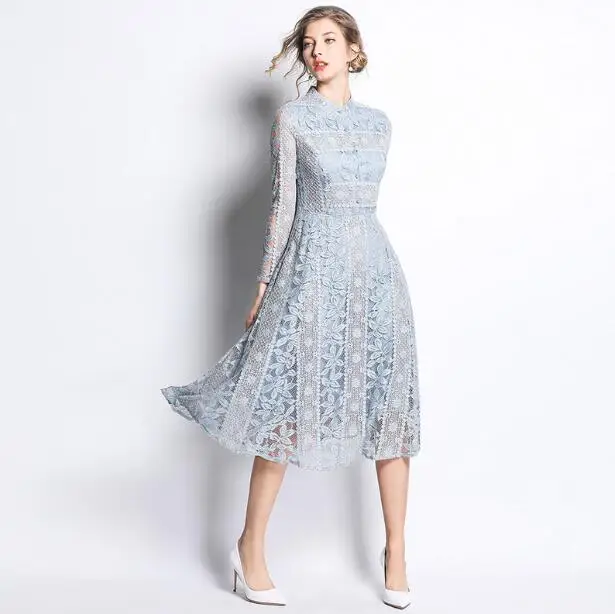 

Women's spring summer vintage solid lace print dress lady's slim chic lace dress TB941
