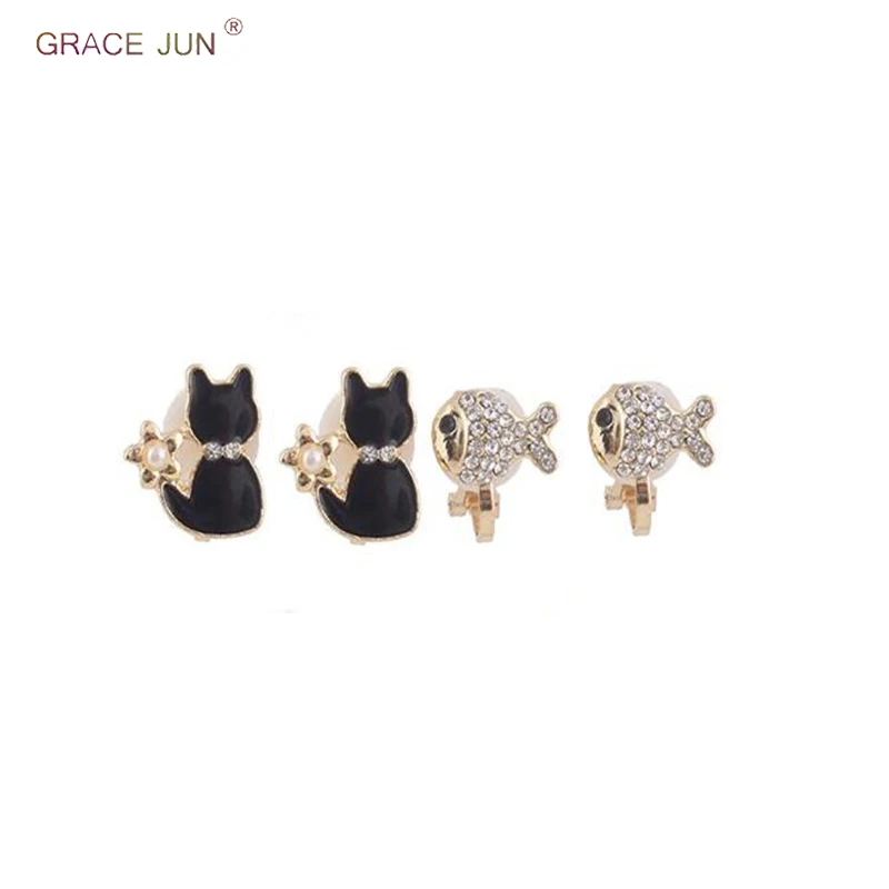 Женские серьги клипсы с эмалью GRACE JUN Rhinestne в форме маленькой рыбы