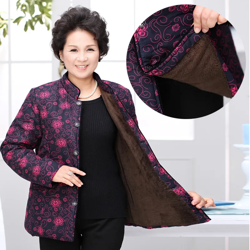 Winter jacket women's middle-aged cotton women's printing large size plus velvet women's cotton clothing new style 2018