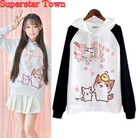 japanese kawaii hoodies harajuku cat women sweatshirts winter mori girl cherry blossoms anime lolita hooded hoodie
