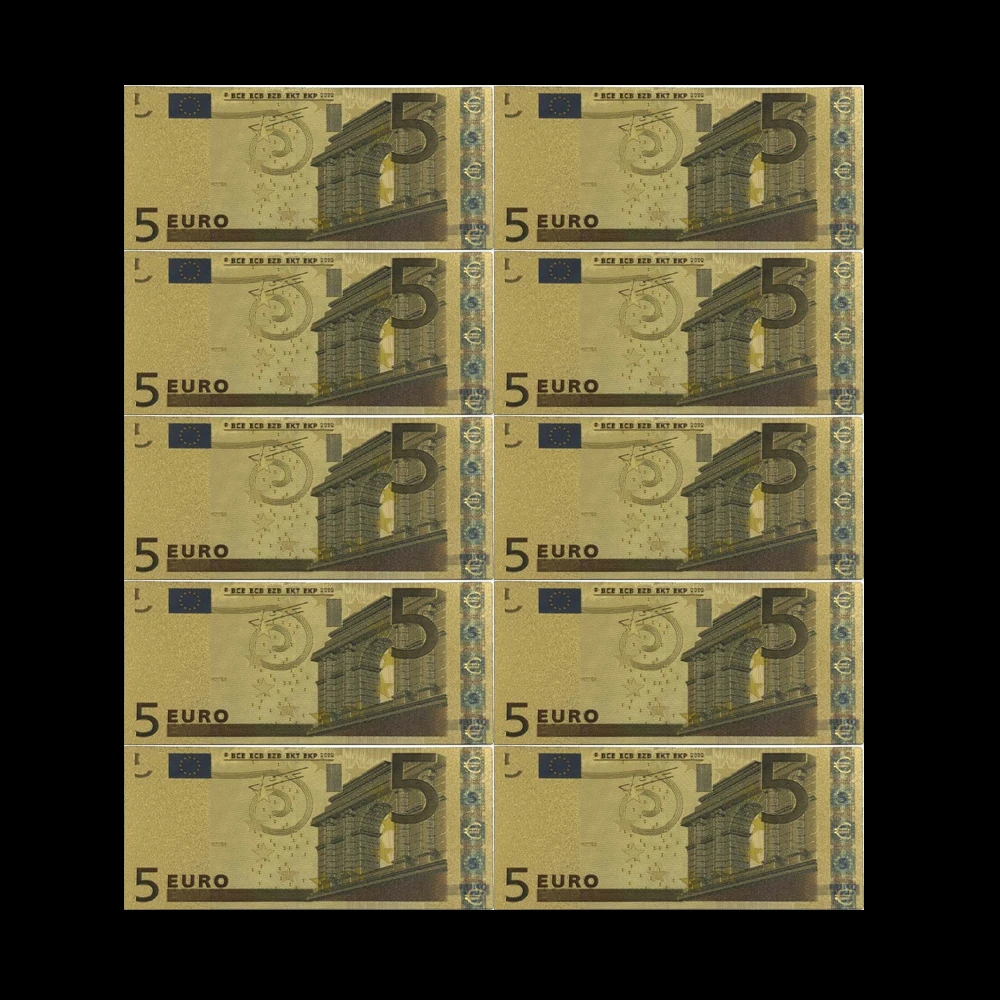 10 шт 5 EUR золотых банкнот в центре сообщений течение 24K Gold поддельные Бумага деньги
