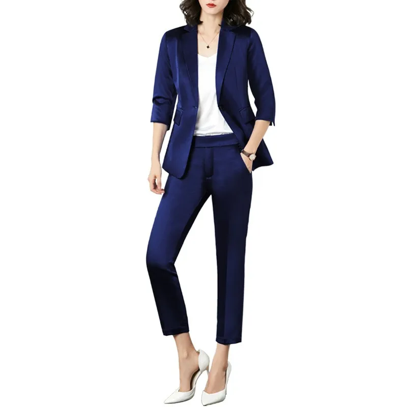 

Office Ladies Slim Fit Womens Suits Two Piece Single Button Three Quarter Sleeve Blazer Ankle Length Pants Formal Workwear Suits