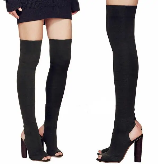 Женские сапоги выше колена с открытым носком туфли-лодочки в гладиаторском стиле