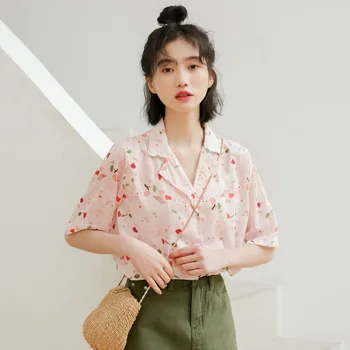 Fashion Flower Print Short Sleeve Shirt Girls Tees Shirts Blouse Women Summer Blouse 1