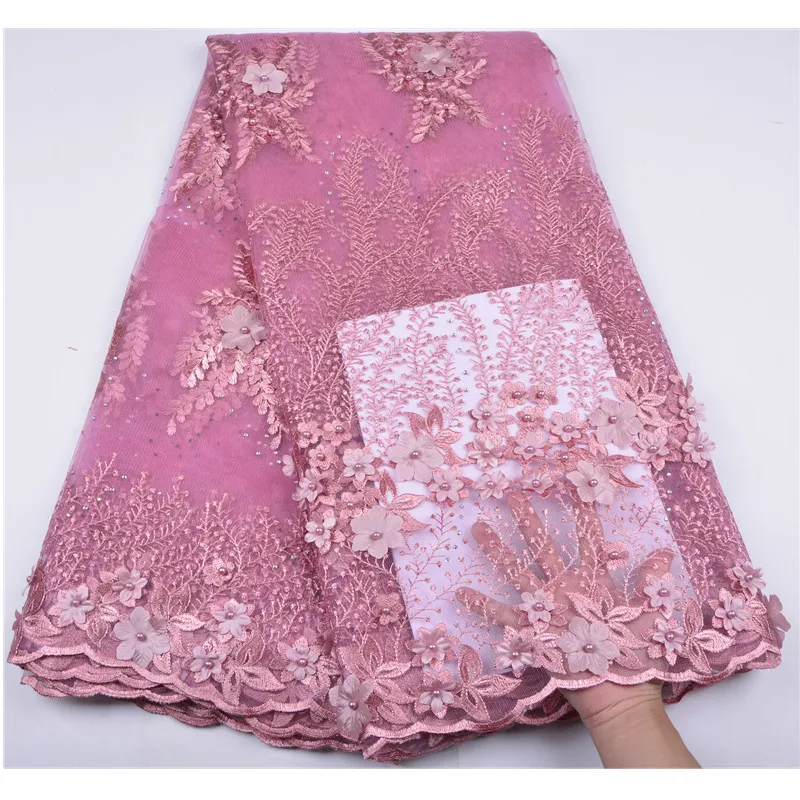 

Onion Color African Lace Fabric 2019 High Quality 3D Flower Lace Fabric Latest Nigerian Lace With Beads For Wedding Dress S1255