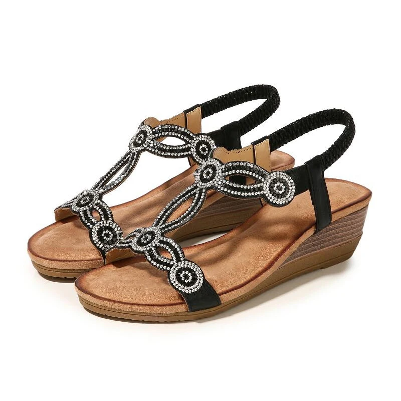 

YAERNI Crystal Sandals Women Hollow Wedges Med Heel Sandals Ladies Bohemian Shoes Woman Black Sandalias De Verano Para MujerE855