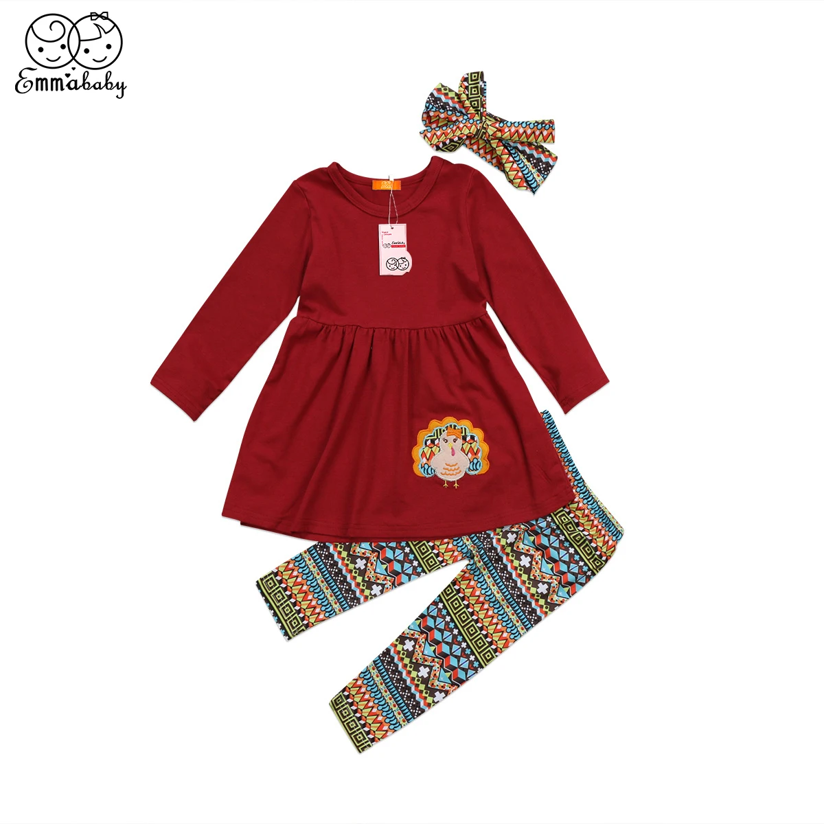 3 шт. комплект детской одежды с длинным рукавом брюки цветочным принтом и повязка