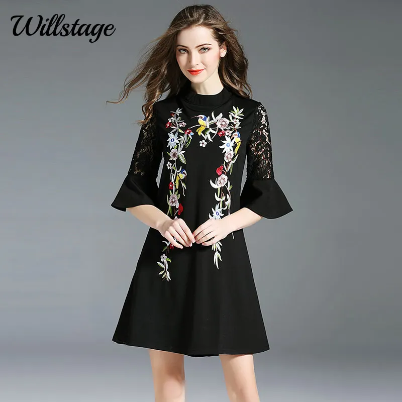 Willstage, новинка, весенние кружевные платья, элегантные, вечерние, бальное платье для женщин, половина рукава, v-образный вырез, черные, цветочные, винтажные, Vestidos