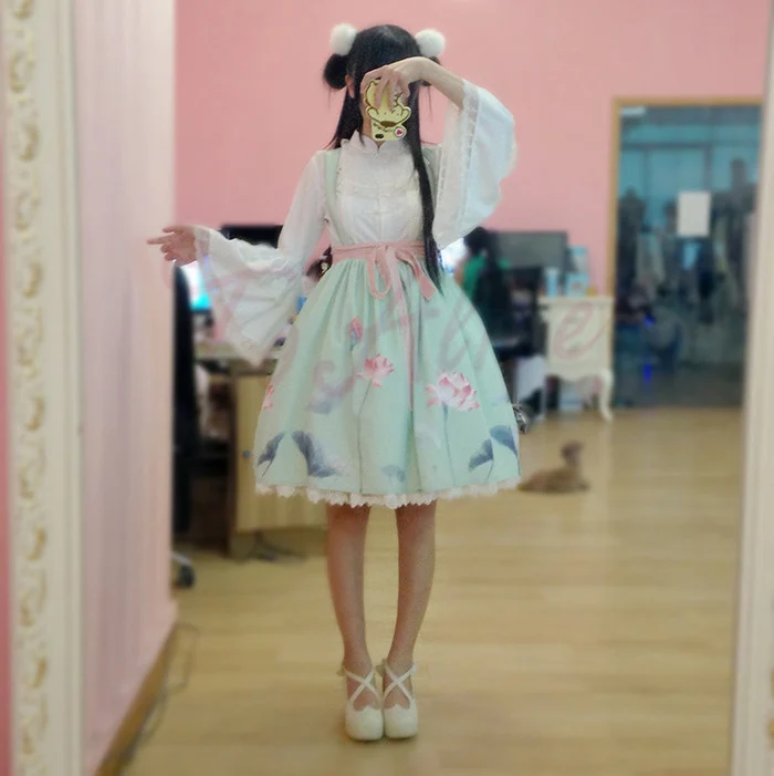 Супер милые китайский Стиль лотоса с принтом Юбка на подтяжках и в стиле лолита