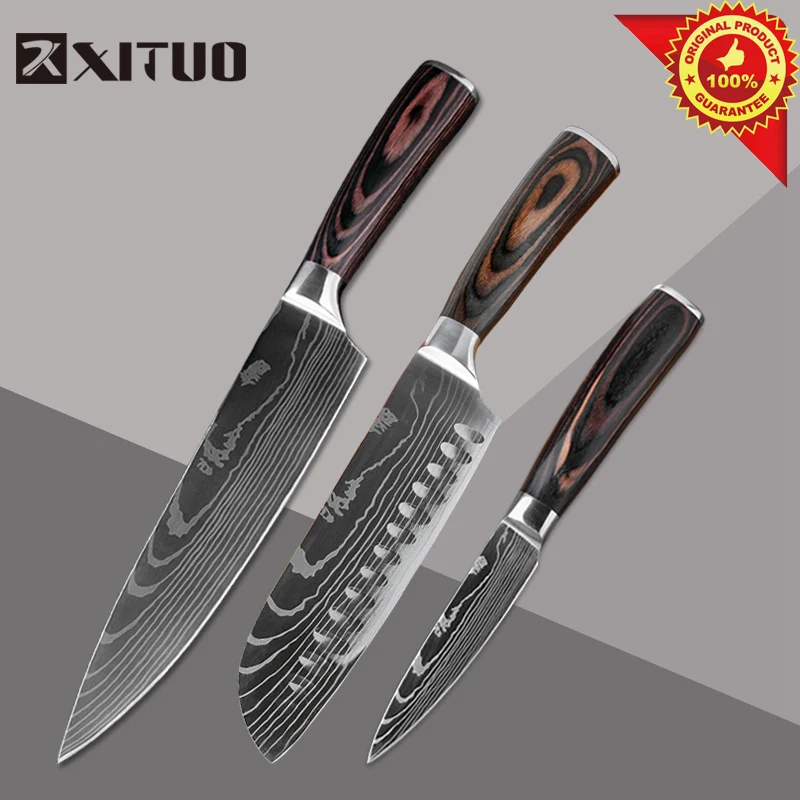 3PCS-1 XITUO кухонный нож японский нож набор для приготовления пищи " 5" " 8" дюймов+ лазерный дамасский узор для очистки овощей плод шеф-повара нож кухонный инструмент - Цвет: 3PCS-1