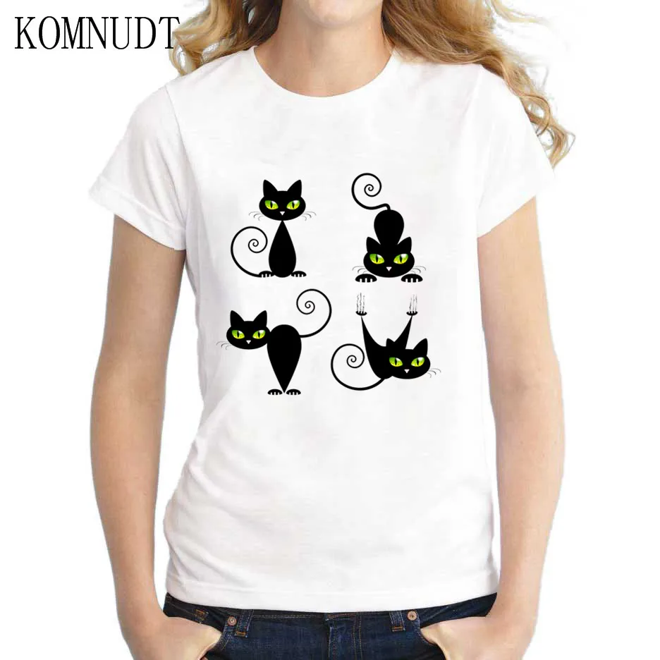 Komnudt женский летний мультфильм Черный кот Обувь для девочек футболка прекрасный
