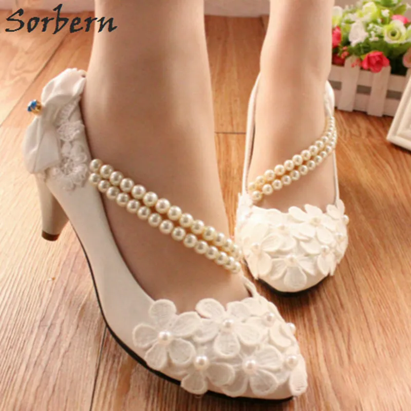 Sorbern белые свадебные туфли с цветами туфли-лодочки на среднем каблуке женская