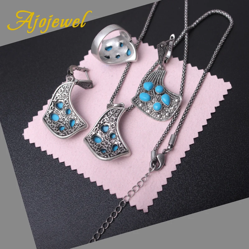 Ajojewel бренд персонализированные ювелирные наборы коралловый стиль Винтажный светильник синий ожерелье серьги и кольцо для женщин