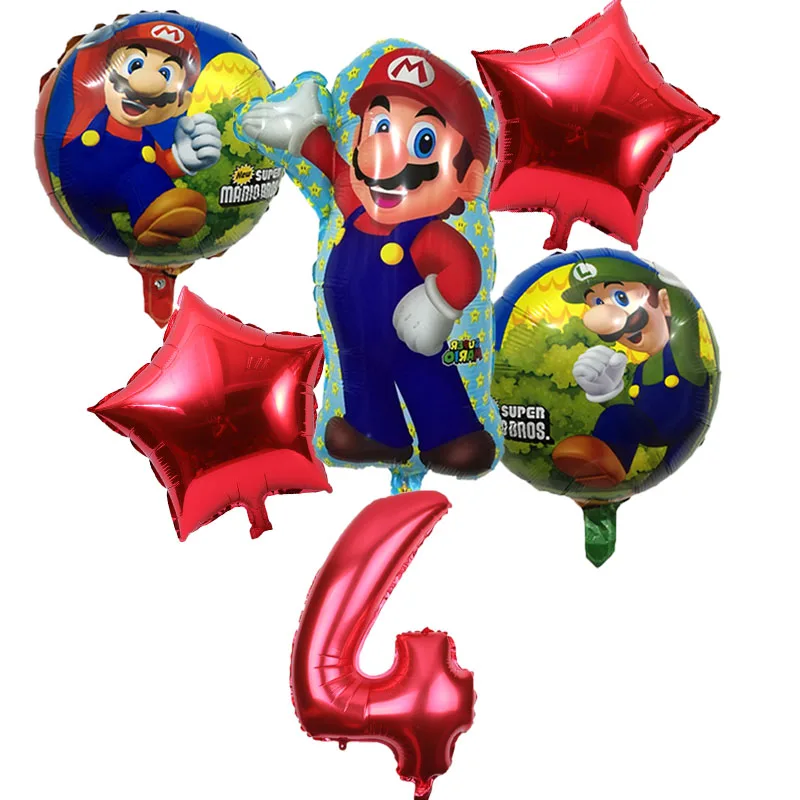 6pcs Super Mario Balloons 32 inch Number Balloons Boy Girl Birthday Party Mario Luigi Bros Mylar Blue Red Balloon Set Decor - Цвет: red 4