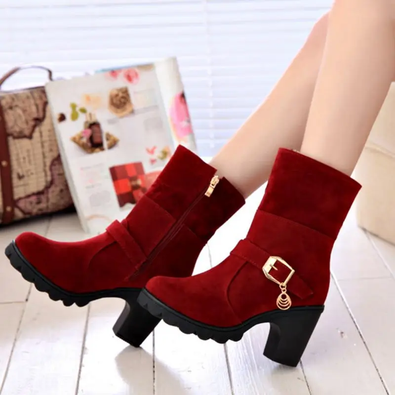 Gladiator Women Half Short Snow Boots Square Heels Thickened Fur Winter Warm Mid Calf Botas Zip Shoes Footwear Size 35-40 | Обувь