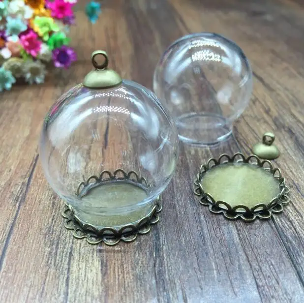100set/lot 30*20mm Glass globe antique bronze double lace setting base cap glass vials pendant DIY glass necklace pendant dome