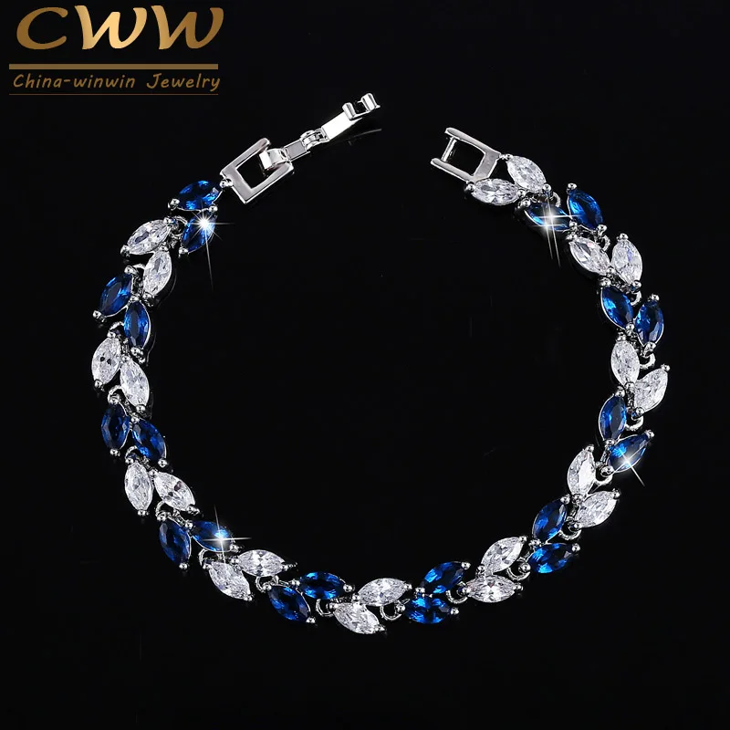 CWWZircons, новинка, летний дизайн, белое золото, цвет, австрийский Королевский синий кристалл, браслеты для женщин, модное ювелирное изделие CB133