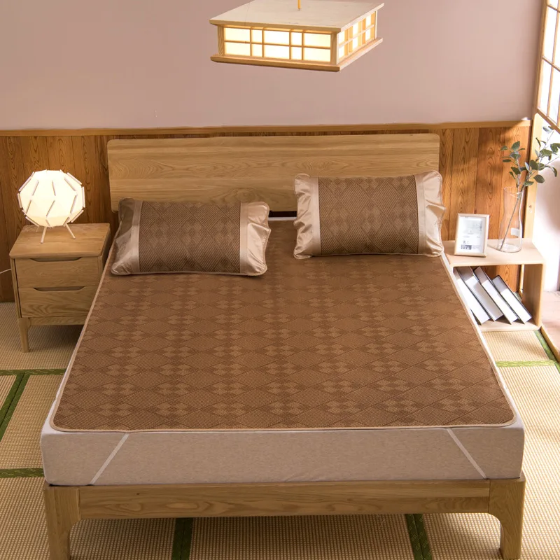 

Summer mat kit Rattan Mat Grid Fitted sheet set Coffee Cool Mat geometric bed cover sleeping flax mat Mattress Cover bedspread