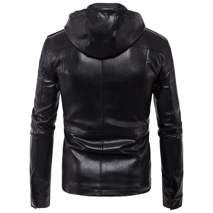 2019 New Europe and America Men's Hooded Motorcycle Leather Jacket Autumn Multi-pocket Black PU Coat Big Size 5XL | Мужская одежда