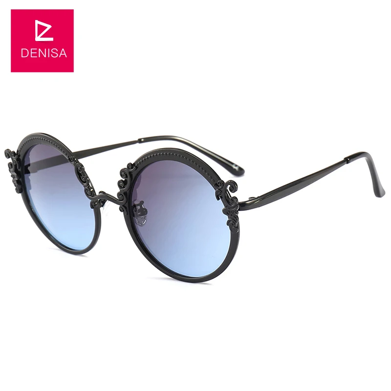 Black BlueGray DENISA, модные круглые солнцезащитные очки в стиле стимпанк, для женщин и мужчин, Золотая оправа, Винтажные Солнцезащитные очки для женщин, UV400, lunette de soleil femme G18430 - Цвет линз: Black BlueGray