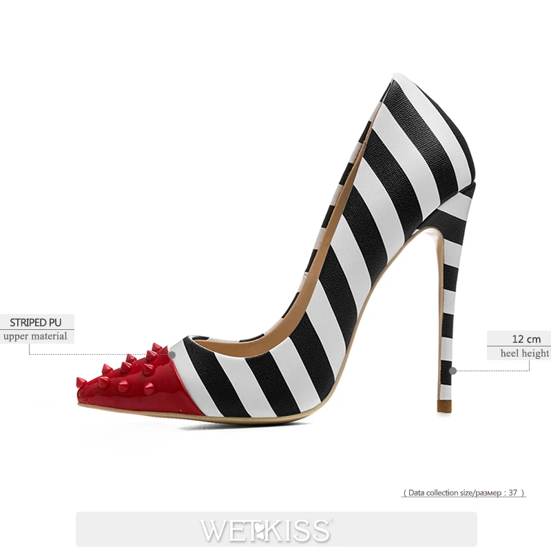 stripe 12cm WETKISS/женские вечерние туфли-лодочки на высоком каблуке 12 см, с заклепками и острым носком обувь с открытым носком в стиле зебры женские весенние туфли г. 34-45 - Цвет: stripe 12cm