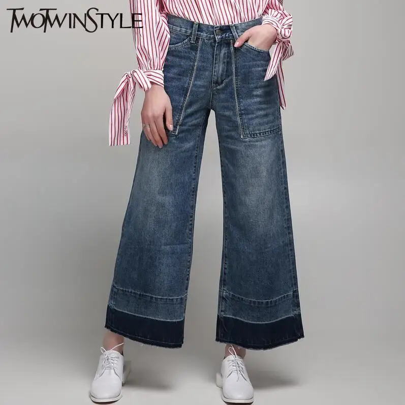 blue TWOTWINSTYLE джинсовые широкие брюки женские джинсы с высокой талией женские брюки с большими карманами Повседневная одежда корейская Осень новинка - Цвет: blue