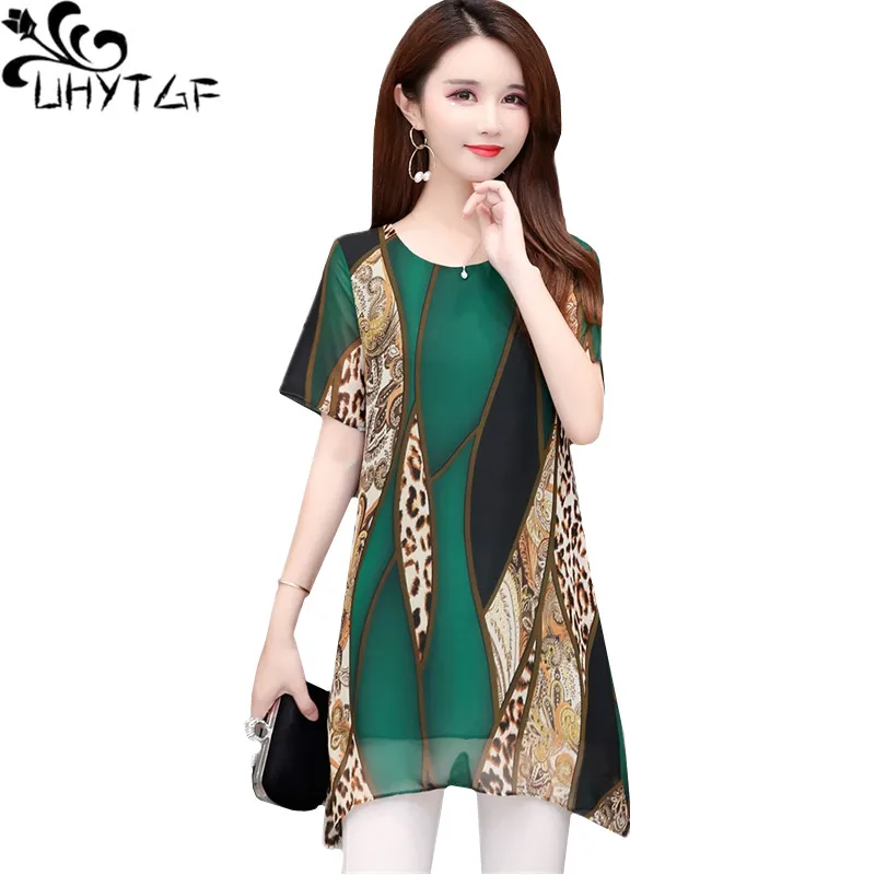 

UHYTGF Summer Tops And Blouses Women Fashion Women Chiffon Shirt Short Sleeve Pullover Elegant Ladies Tops Big Size Blouse 56