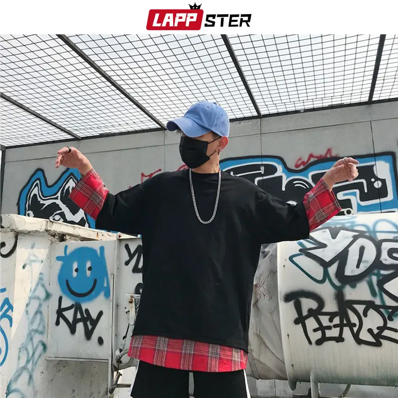 LAPPSTER летняя желтая клетчатая уличная футболка поддельные две части Harajuku Лоскутные футболки мужские Забавные футболки с длинным рукавом