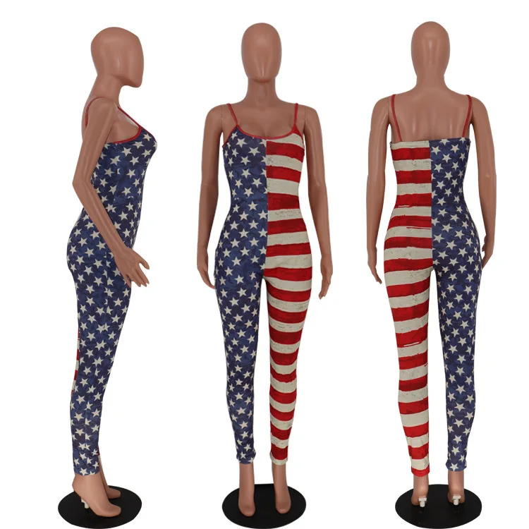 

American Flag Print Women Jumpsuit Sexy Spaghetti Strap Rave Festival Clothing Independence Day Rompers Womens Jumpsuit