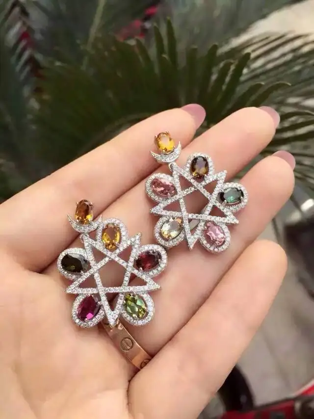 

Natural multicolor tourmaline pendant S925 silver Natural Gemstone Pendant Necklace Elegant Personality Star for women party