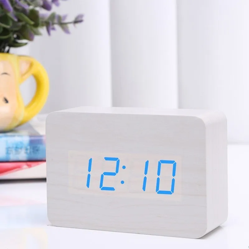 White blue light Цифровой светодиодный Настольный Будильник из черного дерева с термометром, управление звуком, электронные часы для украшения дома, Лидер продаж, рекомендуем - Цвет: White blue light