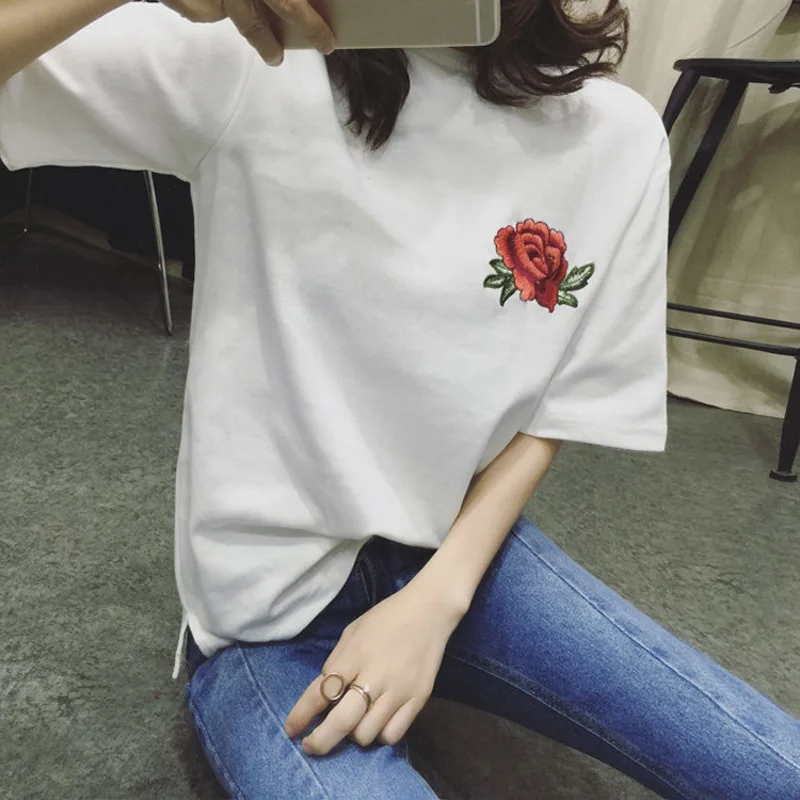 2018 Летний стиль Для женщин футболка цветок розы Вышивка забавные Повседневное