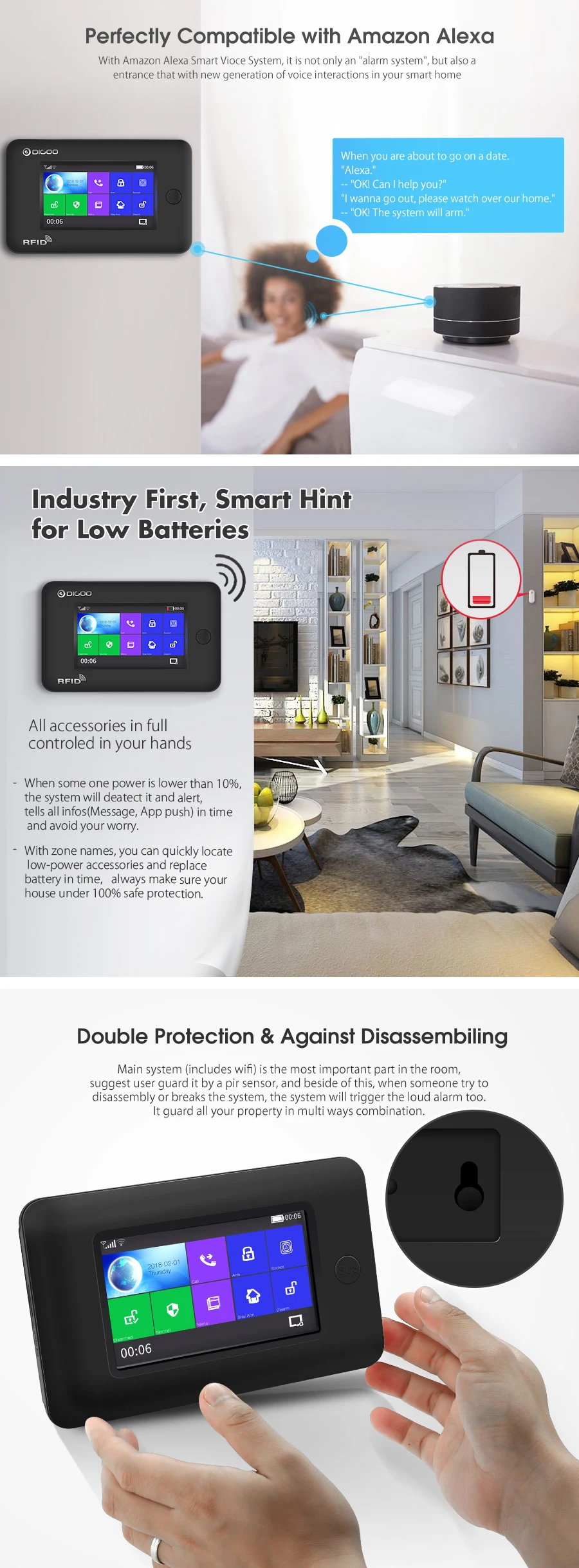 Digoo DG-HAMA Все сенсорный экран Alexa версия 433 МГц GSM& wifi DIY умный домашний монитор безопасности Система сигнализации наборы