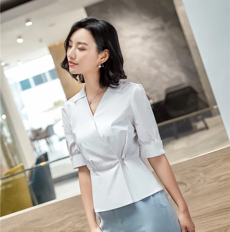 Новинка белые стильные женские блузки и рубашки OL женская летняя рабочая одежда