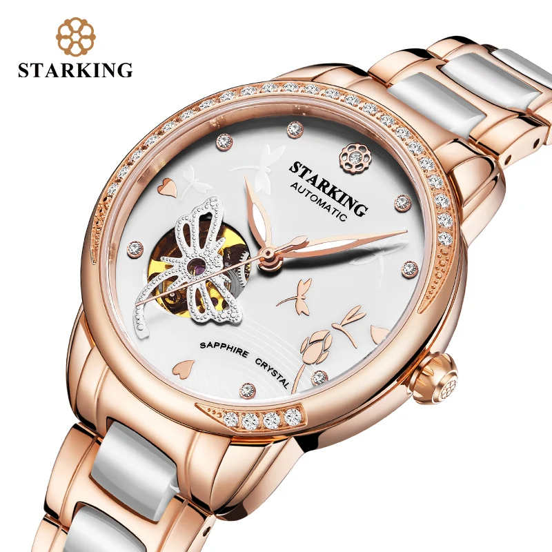 

STARKING Women Mechanical Watch Dress Fashion Ceramic Rose Gold Lady Watch Sapphire Crystal Diamond Women Clock 5ATM Waterproof