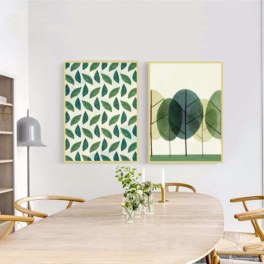 Картины на холсте с зелеными листьями деревьями в минималистском стиле
