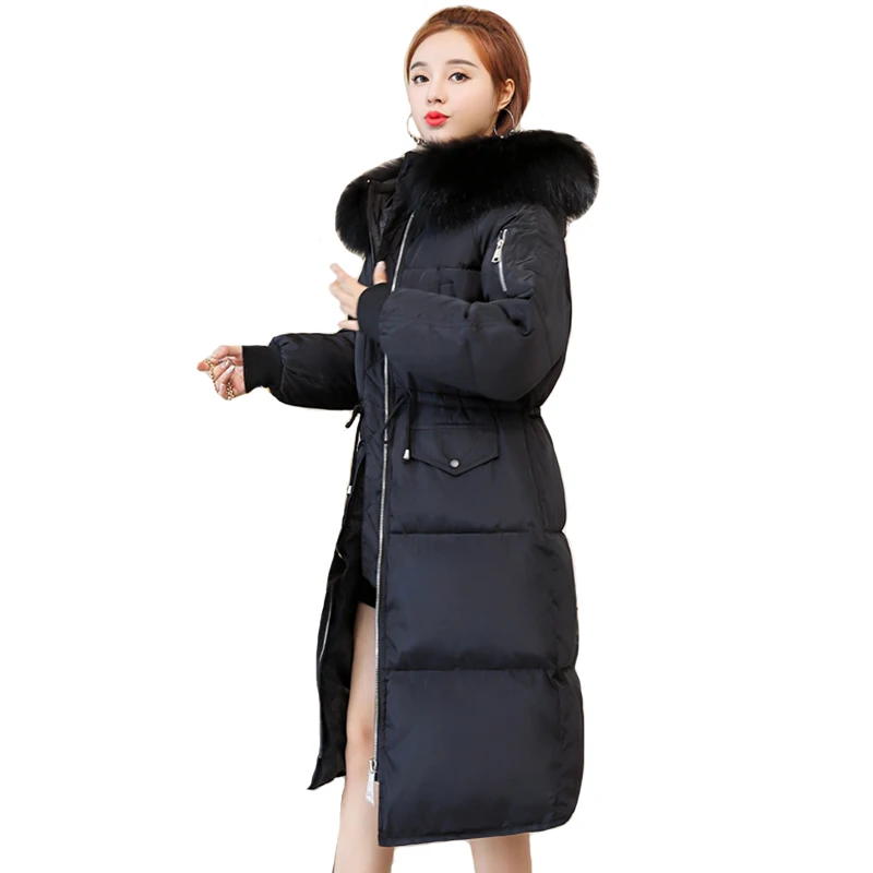 Женская теплая куртка с меховым воротником и капюшоном длинная верхняя