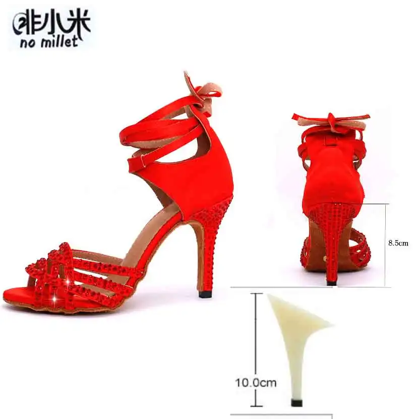 Red-10cm Стразы 8,5 см; Обувь для бальных танцев; женская обувь для латинских танцев, сальсы, бачаты; обувь для выступлений; замшевая подошва; Красная атласная обувь для танцев - Цвет: Red-10cm