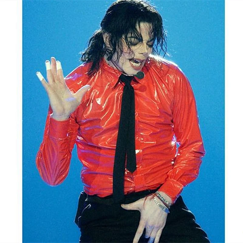MJ In Memory of Michael Jackson Red Thin Shirt PU Leather Dangerous Jam Magic Tape VEL-CRO Shirt  Tie For Dancer Quikly Change (art.: 755f16af) - 755f16af