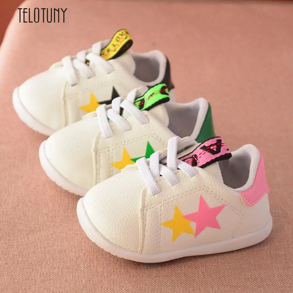 Telotuny детские модные кроссовки для девочек Star Print Lace-up Лоскутные кожаные ботинки