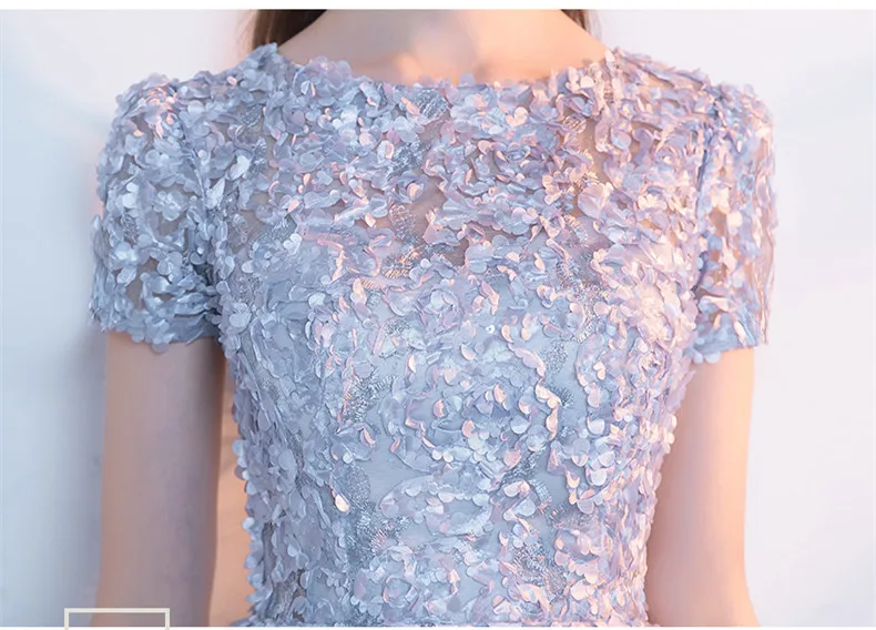 Женское вечернее платье сорие новое серое короткое Кружевное с круглым вырезом и