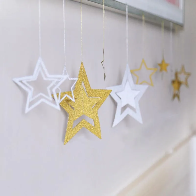 Paper Star Hanging Garland Star Shape String Banners Blue Gold Silver Christmas Banner For Party Home Wall Hanging Decoration