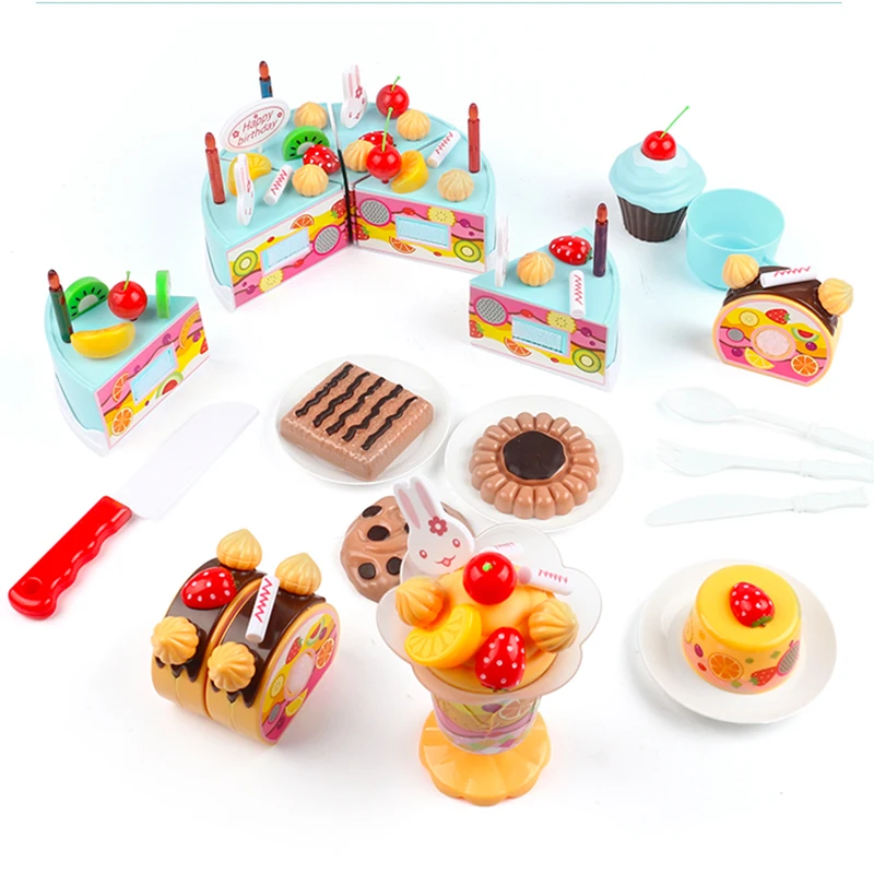 Hot 38-75Pcs DIY Pretend Play Fruit Cutting Birthday Cake Kitchen Food Toys Cocina De Juguete Toy Pink Blue Girls Gift for Child | Игрушки и