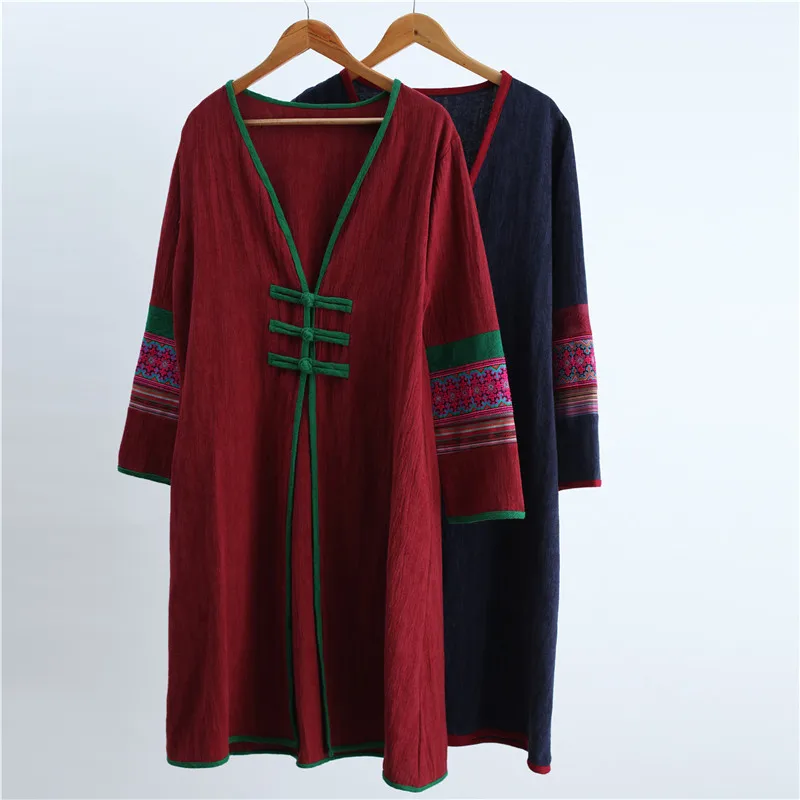 

Hisenky 2019 Spring Autumn Cotton Linen Long Coat Women Embroidery Trench Coat Vintage Chinese Windbreaker Cardigan Overcoat